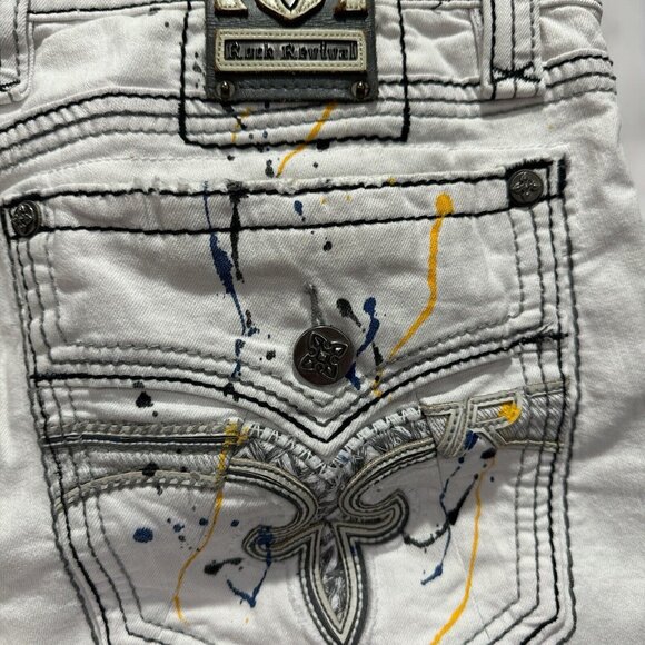 Rock Revival Jean Shorts "Rodd" White Splash Leather Inserts Shorts 40 90’s - Picture 7 of 12